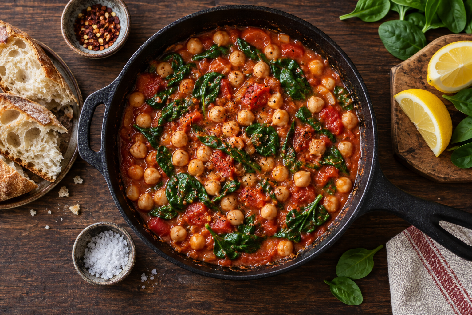 Illustration of a tomato, chickpea and spinach skillet with lemon and bread